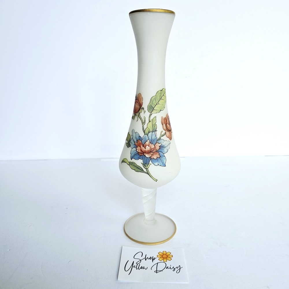 Vintage Frosted Satin Glass‎ Bud Vase Hand Painted Floral Gold Rim Decor 10.5in